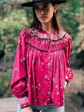 Free People Paloma Floral Button Up Peasant Blouse Top Berry Combo Large